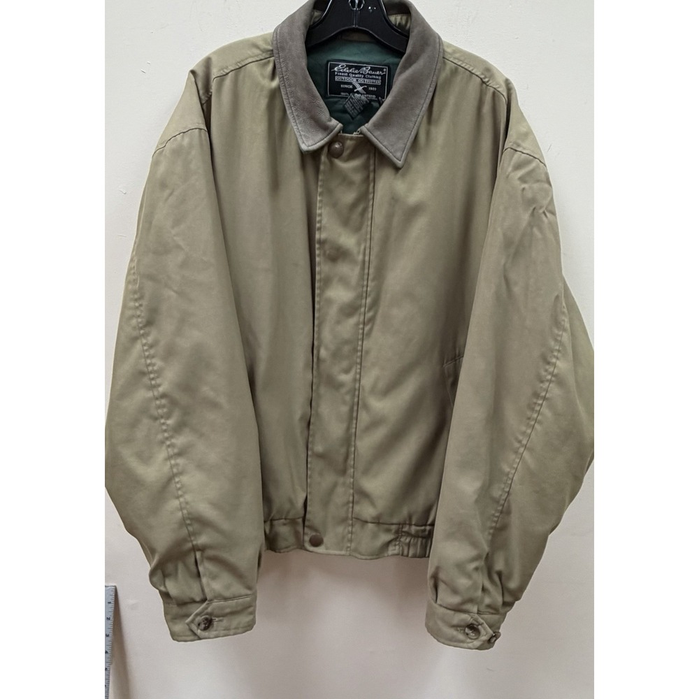 Eddie Bauer Bomber Jacket Men XXL Khaki Leather Collar Outdoor Zip Coat